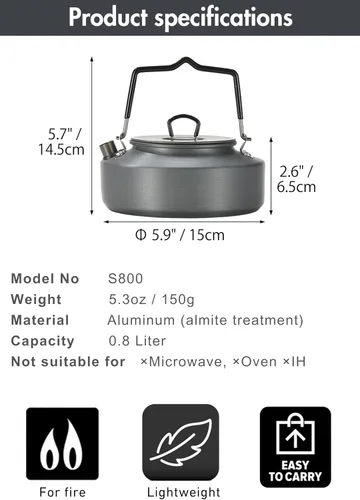 Miniatura 6 de CAMPINGMOON 0.8L Camping Hervidor Cafetera Tetera Portátil Ultraligero S800