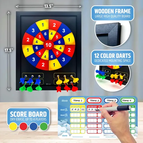 Miniatura 3 de HMmagnets Tablero de dardos magnético grande y seguro (marco de madera) para niños y adultos, juego divertido para hasta 4 jugadores, incluye 12