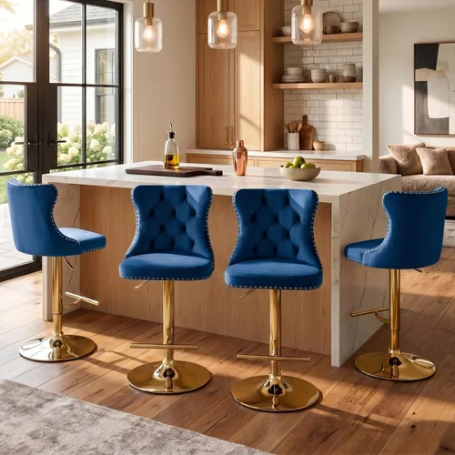Miniatura 24 de SoarFlash Juego de 2 taburetes de bar tapizados de terciopelo moderno con patas de madera, botones acolchados, cabeza de clavo cromada, asiento