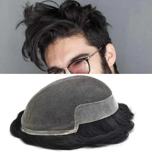 Miniatura 42 de Tupé de encaje suizo para hombres, piezas de cabello humano real, encaje frontal, sistema de reemplazo de cabello tipo tupé, nudo blanqueado, línea