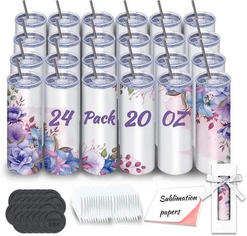 Vasos de sublimación a granel de 20 onzas delgados, paquete de 24 vasos de sublimación rectos de acero inoxidable con aislamiento de doble pared,