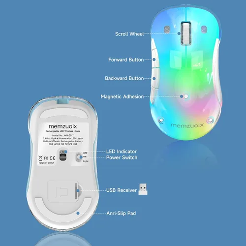 Miniatura 9 de memzuoix Mouse inalámbrico de 2.4G con cubierta personalizable y LED de 9 colores, ergonómico recargable, 1400 DPI, 5 botones, receptor USB para Azul