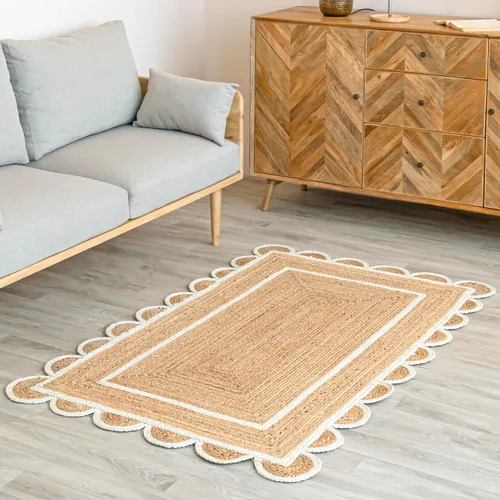Miniatura 11 de Alfombra festoneada de yute natural, base natural, borde blanco hueso, 2 pies x 6 pies