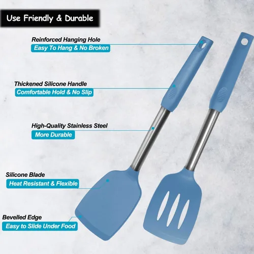 Miniatura 3 de Espátula de silicona y cuchara de cocina, paquete de 5 utensilios de cocina antiadherentes para la cocina, espátulas y cucharas sólidas y ranuradas