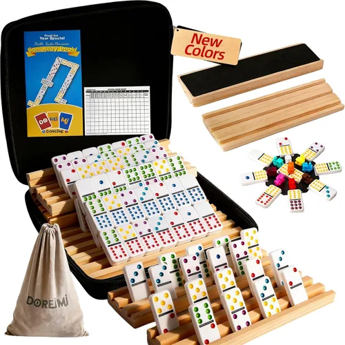 Miniatura 11 de Doreimi Juego de Dominó Doble 6 para Adultos con 4 Estanterías de Madera y 28 Azulejos Juego de Dominó de Viaje Juego de Mesa Clásico para Noche