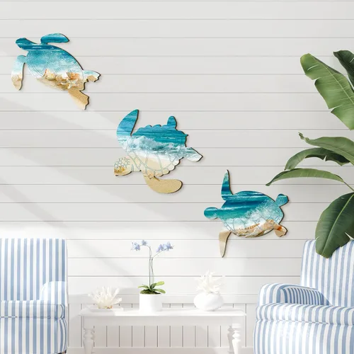 Miniatura 7 de Tatuo 3 piezas de decoración de pared costera de verano para baño, playa, arte de pared azul, tortuga de mar, tabla de surf, caballito de mar