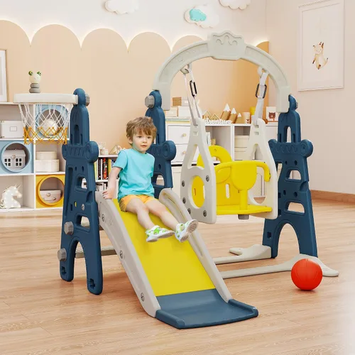 Miniatura 7 de Juego de tobogán y columpio 3 en 1 para niños de 1 a 3 años, parque infantil interior para niños, toboganes independientes al aire libre con aro