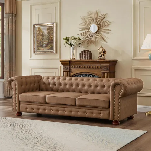 Miniatura 13 de Chesterfield - Sofá de cuero, sofá moderno de mediados de siglo de 89 pulgadas con respaldo bajo, brazo enrollable, ribete de cabeza de clavo, sofá
