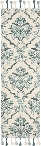 Miniatura 3 de SAFAVIEH Suzani Collection SZN205A - Alfombra de pasillo de lana con borlas de 2 pies 3 pulgadas x 8 pies, color marfil y turquesa