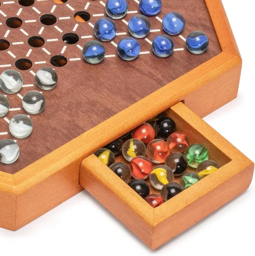 Miniatura 3 de Yellow Mountain Imports Juego de mesa Halma de damas chinas de madera, 15.7 x 13.6 pulgadas, con cajones y canicas de vidrio