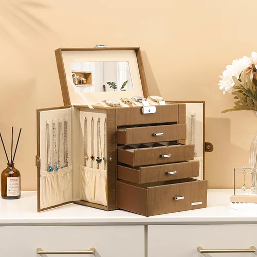 Miniatura 8 de Homde Caja de joyería enorme de cuero sintético, organizador de reloj con espejo, collar, anillo y aretes, caja de regalo con cerradura (marrón)