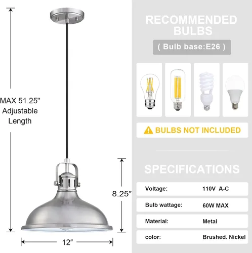 Miniatura 2 de Paquete de 2 lámparas LED de 12 pulgadas, 1 lámpara colgante industrial vintage, lámparas de araña de metal con acabado de níquel cepillado, lámpara