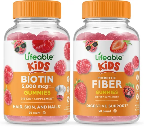 Lifeable Biotin Kids + paquete de gomitas de fibra prebiótica para niños, gran sabor, suplemento vitamínico, sin gluten, sin OMG, gomita masticable
