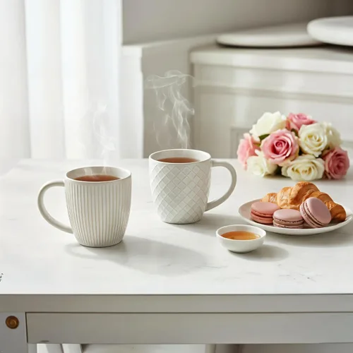Miniatura 7 de Juego de 4 tazas de café blancas de 14 onzas, tazas de café de cerámica de granja, tazas texturizadas artesanales para oficina en casa, aptas