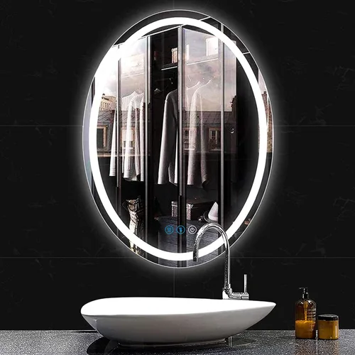 Espejo de baño ovalado LED de 32 x 24 pulgadas con luces, memoria inteligente, 3 colores regulables, luz frontal, antiniebla, inastillable, vidrio