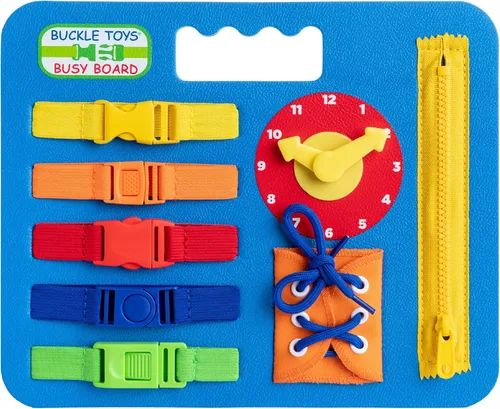 Buckle Toys Busy Board - Juguete de aprendizaje Montessori para niños pequeños, actividades de viaje por carretera, tablero sensorial de espuma, Azul