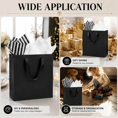 Miniatura 5 de Offizon 12 bolsas de regalo negras, bolsas de regalo con papel de seda