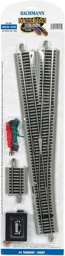 Bachmann Trenes - PISTA E-Z a presión #6 TURNOUT - DERECHA (1/tarjeta) - Riel Níquel plateado con plataforma gris - Escala HO