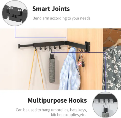 Miniatura 4 de ptlsy Estante de secado de ropa plegable portátil montado en la pared con ganchos, diseño de perchas de ropa que ahorran espacio universal
