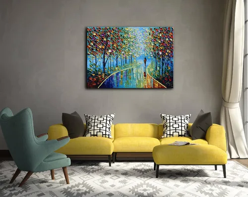 Miniatura 4 de YaSheng Art - Pintura al óleo de paisaje sobre lienzo con textura de árbol abstracto contemporáneo, pinturas de pared hechas a mano, decoración