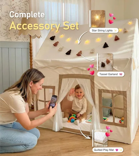 Miniatura 3 de Little Dove Tienda de campaña para niños con alfombra, luces de estrella, guirnalda de borlas, casa de juegos para niños con ventanas fáciles