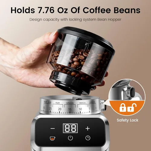 Miniatura 7 de Molinillo eléctrico de café de rebabas, 30 ajustes de molienda, molinillo de café Emojoy para uso doméstico, pantalla táctil y panel de control LED