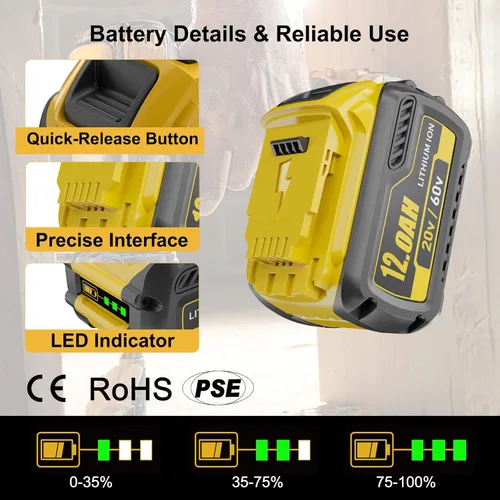 Miniatura 6 de 2Packs 12.0Ah Replacement for Dewalt 20V 60V Battery Compatible with Dewalt 20V/60V Battery DCB609 DCB606 DCB612 Series Power Tools Charger (Black)