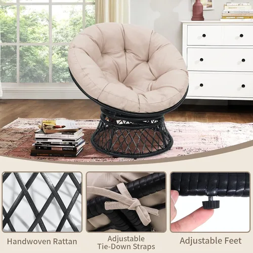 Miniatura 4 de KROFEM Silla Papasan ergonómica de mimbre de 40 pulgadas, silla giratoria de 360° para interiores y exteriores con cojín grueso suave, ideal