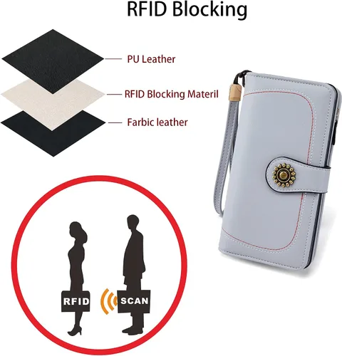 Miniatura 6 de OPAGE Cartera de cuero de gran capacidad para mujer con bloqueo RFID y cremallera alrededor