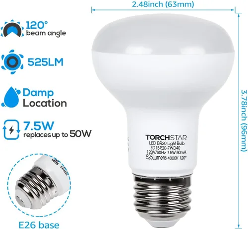 Miniatura 3 de TORCHSTAR Bombillas LED BR20, luz de inundación para interiores R20, regulable, 7.5 W (50 W equivalente), UL y Energy Star, 4000 K blanco frío, base