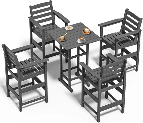 Miniatura 22 de nevilywood Adirondack - Juego de 5 sillas altas de bar, juego de 4 sillas de bar Adirondack con mesa, muebles de patio de polietileno de alta Teca