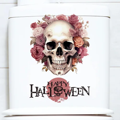 Miniatura 3 de Calcomanías de pared de calavera de flores de Halloween, calcomanías de pared de arte de terror de Halloween, vinilo extraíble para Halloween