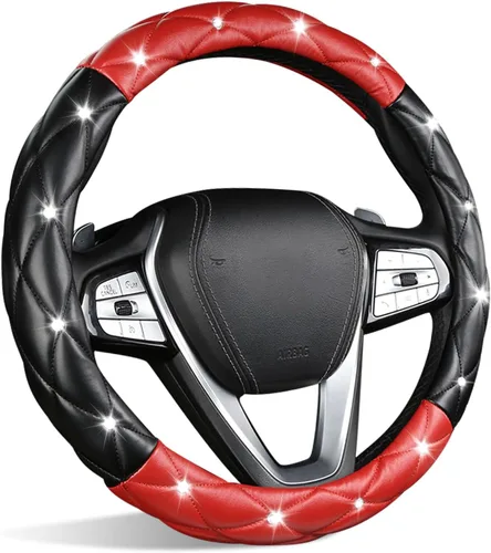 Miniatura 13 de SuperKaKa Funda para Volante Negra y Dorada, Cubierta de Volante de Auto Linda con Diamantes de Imitación Brillantes de Cuero Suave y Cómodo