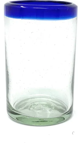Miniatura 6 de Vasos mexicanos soplados a mano, juego de 6 vasos de jugo con bordes azul cobalto (8 onzas cada uno)