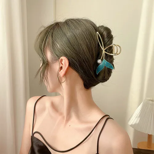 Miniatura 5 de Pinzas para el pelo de cola de pez azul con perla, pinzas de pelo de sirena para mujer, pinza de pelo de metal dorado grande, pinzas de sujeción