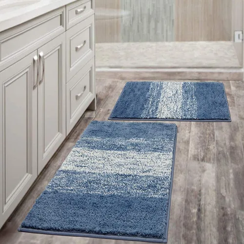 Vaukki Juego de 2 alfombras de baño suaves de lujo, antideslizantes, lavables, de felpa, peludas, absorbentes, a rayas, para bañera, baño y ducha