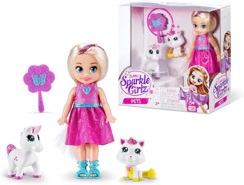 Sparkle Girlz ZURU - Conjunto de muñeca y mascota de princesa, vestido azul y perro, 2 mascotas incluidas, muñeca de moda posable, vestido