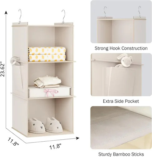 Miniatura 3 de YOUDENOVA Organizador colgante de armario, estantes de almacenamiento colgantes de 3 repisas, beige