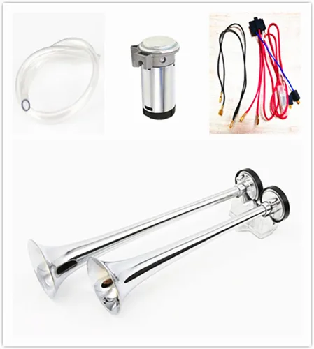 Miniatura 3 de Bocina de aire del coche 165DB tono alto y bajo 24 V doble tubo trompeta camión plata cromo zinc auto con dos bombas de compresor para barco