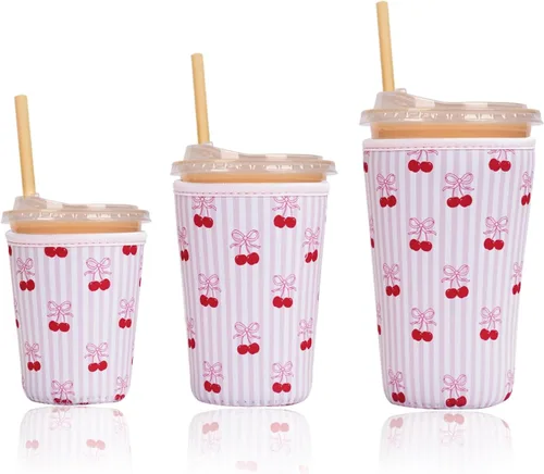 Miniatura 22 de Funda aislante reutilizable para taza de café helado, paquete de 3 fundas de neopreno para bebidas frías y calientes, soporte para bebidas para café