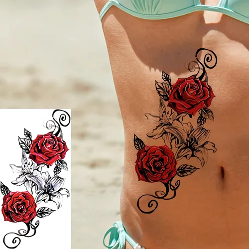 Miniatura 3 de 10 hojas de tatuajes temporales realistas de flores de rosas para mujeres, muslos de brazo, gran sexy, serpiente, león, mariposa, tatuajes falsos
