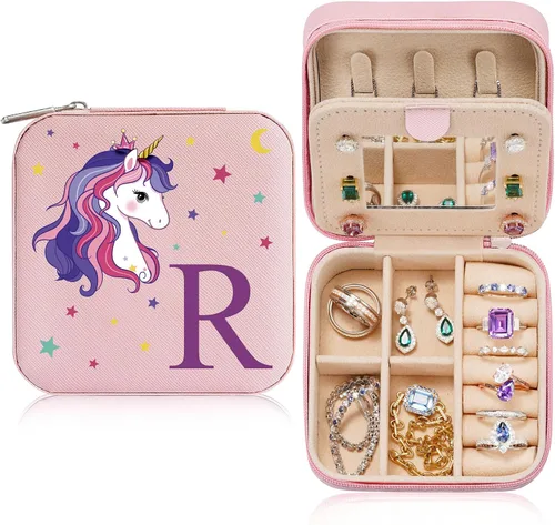 Parima Organizador de joyas de viaje de unicornio Joyero pequeño personalizado para mujer, 4, 5, 6, 7, 8, 9, 10, 11, 12, 13, 14, 15, 16 años, niña,