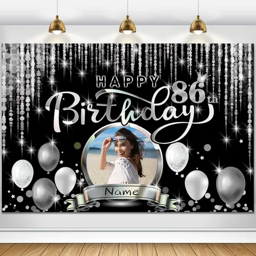 Miniatura 74 de Cartel de decoración de feliz cumpleaños número 100 personalizado - Personalización disponible - Negro y plateado - Tamaño grande - Admite fotos