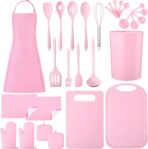 Juego de 29 utensilios de cocina rosados, accesorios de decoración de cocina con utensilios de cocina de silicona, guantes de horno, paños de
