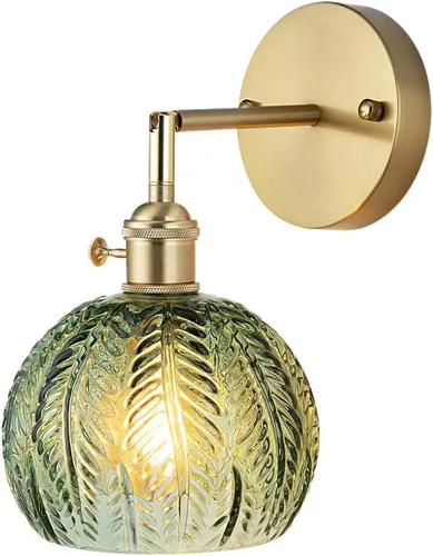 Cerdeco Aplique de pared vintage con pantalla de vidrio de hoja verde, brazo ajustable de 180° y base dorada, iluminación de pared interior moderna