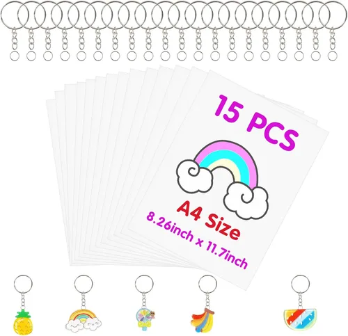FASBET Kit de 135 llaveros de papel termorretráctil de gran tamaño con 120 accesorios para llaveros y 15 piezas A4 (11.7 x 8.3 pulgadas), papel de
