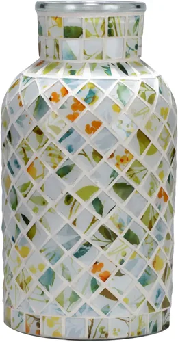 Jarrón verde de vidrio de mosaico hecho a mano, florero floral de vidrio templado de 7.9 pulgadas con arte de azulejos diagonales de 45°, florero