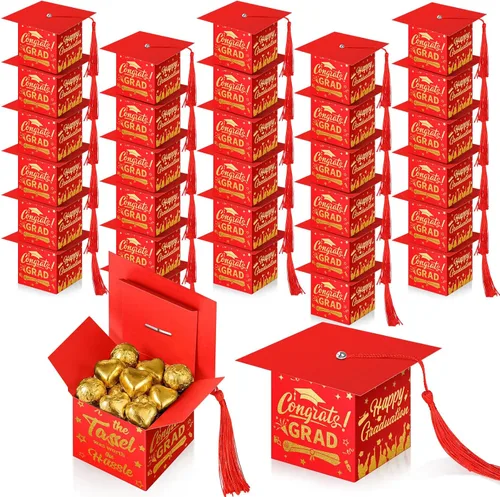 TaoBary 30 cajas de dulces de graduación 2026, decoraciones de graduación, regalos de fiesta, caja con borla para suministros de galletas de Rojo
