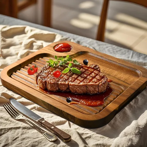 Miniatura 7 de Platos de bistec de madera de acacia, tabla de cortar carnívora para comer, plato de carne tallado de madera, bandeja para servir alimentos, tabla