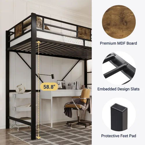 Miniatura 5 de Allewie Marco de cama de metal tamaño individual con escaleras y barandilla, muebles pequeños que ahorran espacio para dormitorio, habitación